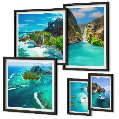 Pared galería de arte con diseño de cascadas y playas tropicales