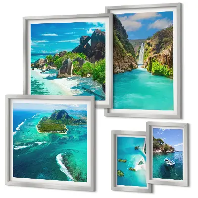 Pared galería de arte con diseño de cascadas y playas tropicales