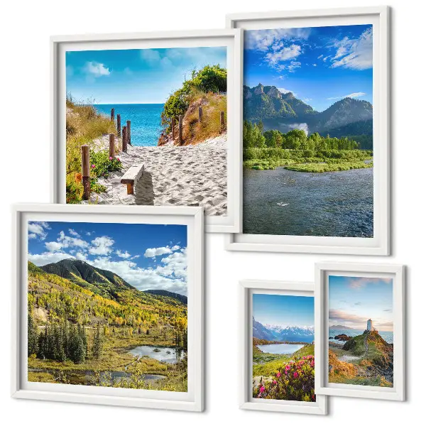 Conjunto de cuadros decorativos con paisajes de montañas y playas