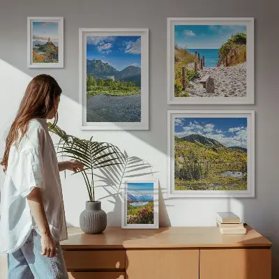 Conjunto de cuadros decorativos con paisajes de montañas y playas