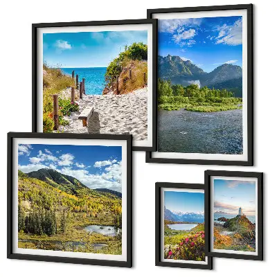 Conjunto de cuadros decorativos con paisajes de montañas y playas