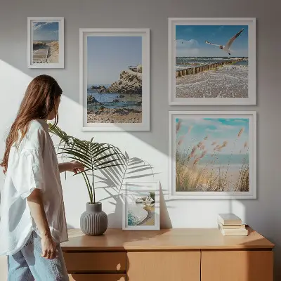 Set de 5 cuadros para salón con diseño de paisajes de playas costeras