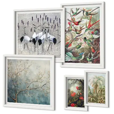 Conjunto de cuadros decorativos con diseño de aves tropicales antiguas