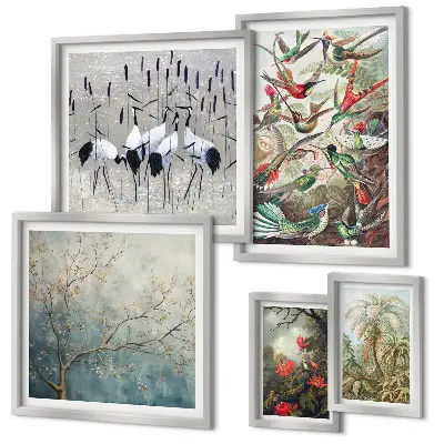 Conjunto de cuadros decorativos con diseño de aves tropicales antiguas