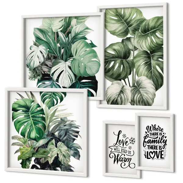 Set de 5 cuadros para salón con frases y motivos vegetales de estilo boho