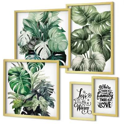Set de 5 cuadros para salón con frases y motivos vegetales de estilo boho