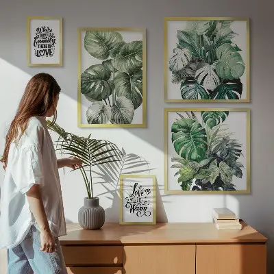 Set de 5 cuadros para salón con frases y motivos vegetales de estilo boho