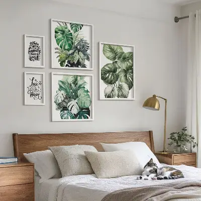 Set de 5 cuadros para salón con frases y motivos vegetales de estilo boho