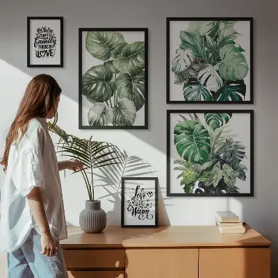 Set de 5 cuadros para salón con frases y motivos vegetales de estilo boho