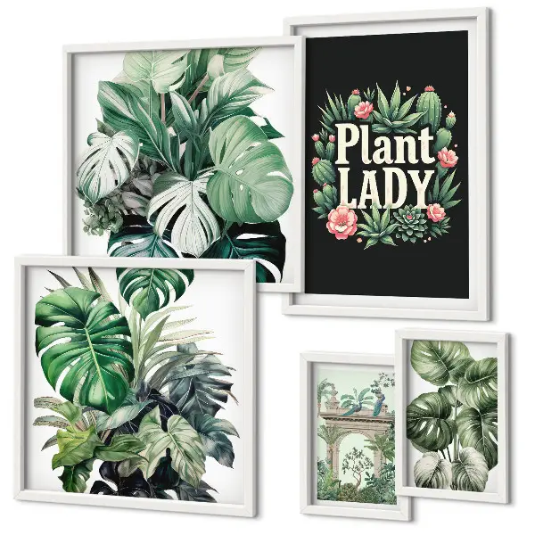 Set de 5 cuadros para salón con diseño de plantas en tonos bohemios verdes