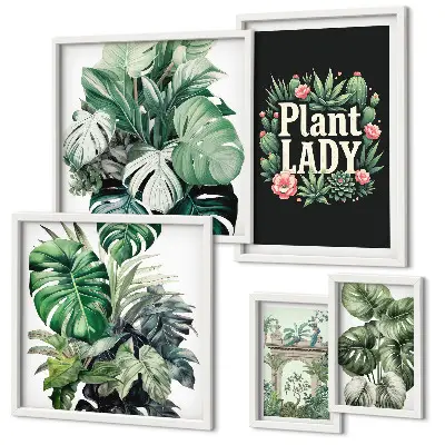 Set de 5 cuadros para salón con diseño de plantas en tonos bohemios verdes