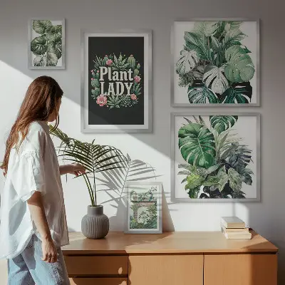 Set de 5 cuadros para salón con diseño de plantas en tonos bohemios verdes