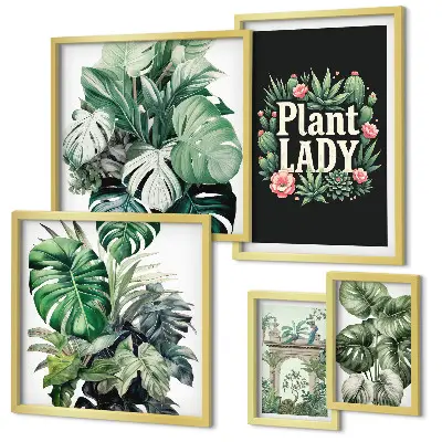 Set de 5 cuadros para salón con diseño de plantas en tonos bohemios verdes
