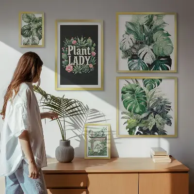 Set de 5 cuadros para salón con diseño de plantas en tonos bohemios verdes