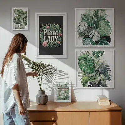 Set de 5 cuadros para salón con diseño de plantas en tonos bohemios verdes