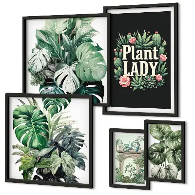 Set de 5 cuadros para salón con diseño de plantas en tonos bohemios verdes