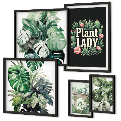 Set de 5 cuadros para salón Planta toques bohemios de verde