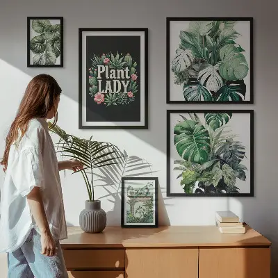 Set de 5 cuadros para salón con diseño de plantas en tonos bohemios verdes