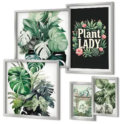 Set de 5 cuadros para salón con diseño de plantas en tonos bohemios verdes