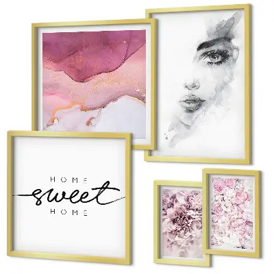 Pared galería de arte retratos de mujeres y flores en tonos pastel