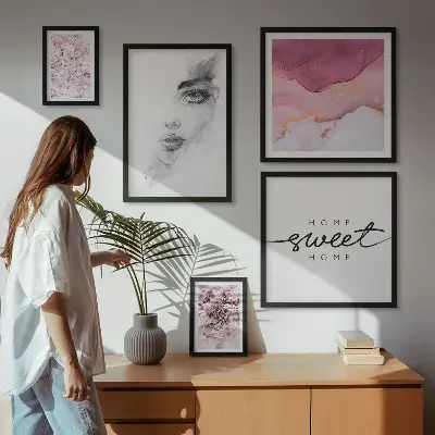 Pared galería de arte retratos de mujeres y flores en tonos pastel