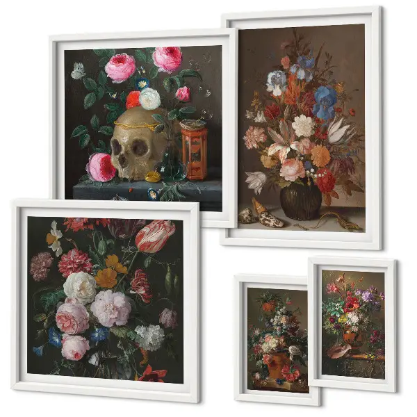 Set de 5 cuadros para salón con composiciones florales clásicas