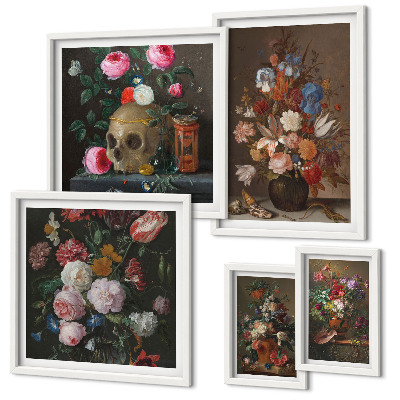 Set de 5 cuadros para salón composiciones florales clásicas