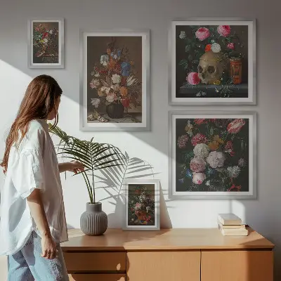 Set de 5 cuadros para salón con composiciones florales clásicas