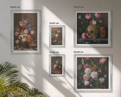 Set de 5 cuadros para salón con composiciones florales clásicas