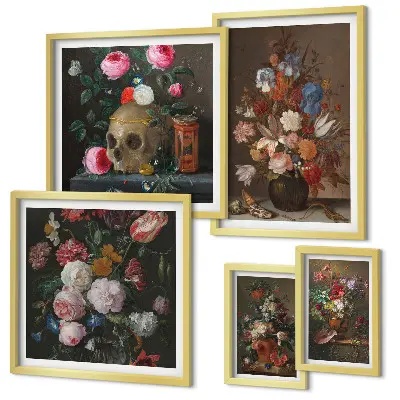 Set de 5 cuadros para salón con composiciones florales clásicas