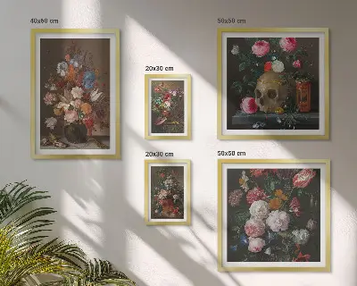 Set de 5 cuadros para salón con composiciones florales clásicas