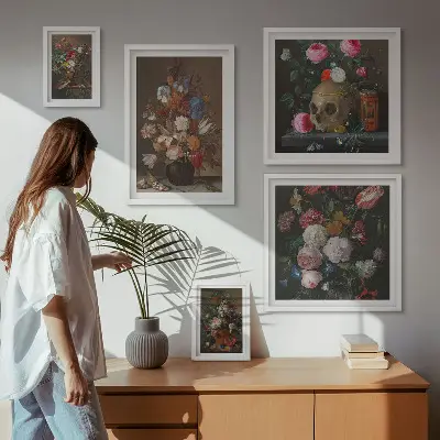 Set de 5 cuadros para salón con composiciones florales clásicas