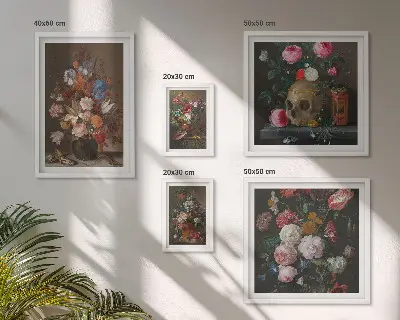Set de 5 cuadros para salón con composiciones florales clásicas