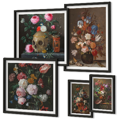 Set de 5 cuadros para salón composiciones florales clásicas