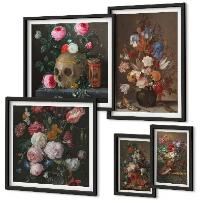 Set de 5 cuadros para salón con composiciones florales clásicas