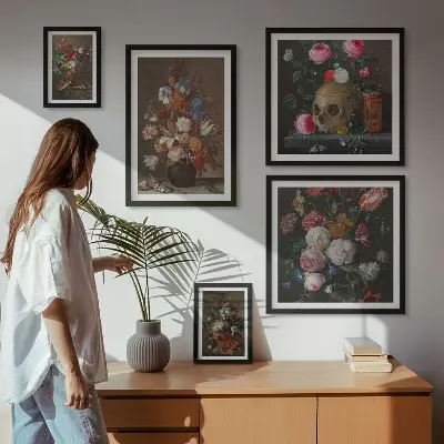 Set de 5 cuadros para salón con composiciones florales clásicas