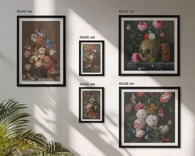 Set de 5 cuadros para salón con composiciones florales clásicas