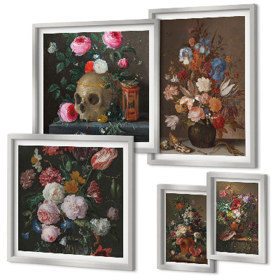 Set de 5 cuadros para salón composiciones florales clásicas