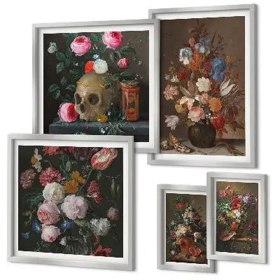 Set de 5 cuadros para salón con composiciones florales clásicas
