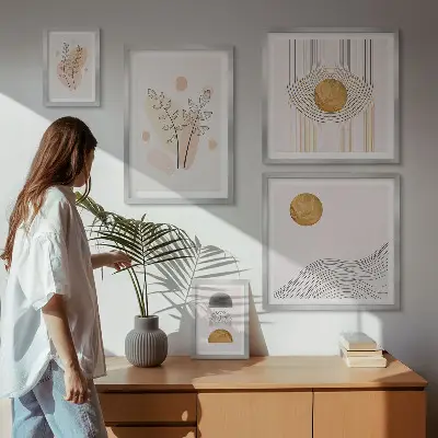 Pared galería de arte con diseño de plantas minimalistas