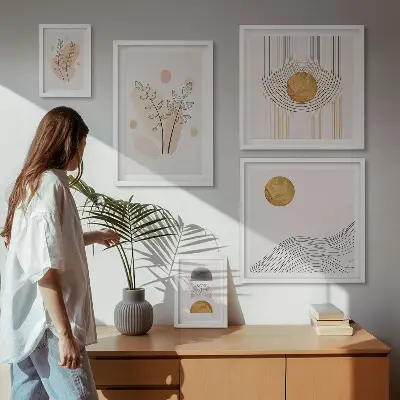 Pared galería de arte con diseño de plantas minimalistas