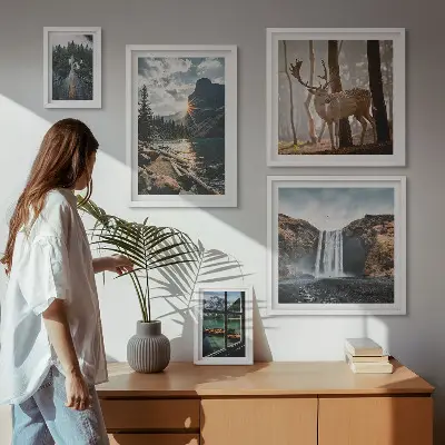 Conjunto de cuadros decorativos de paisajes con naturaleza, cascadas y fauna