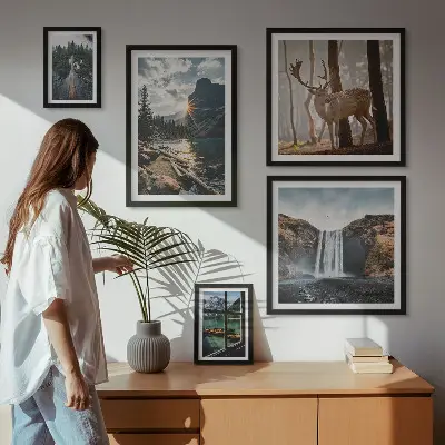 Conjunto de cuadros decorativos de paisajes con naturaleza, cascadas y fauna