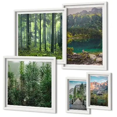 Set de 5 cuadros para salón con diseño de paisajes de montaña y bosques