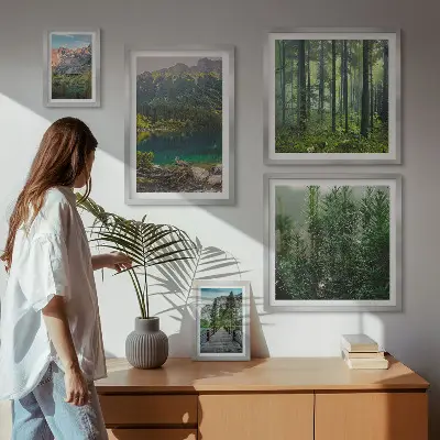 Set de 5 cuadros para salón con diseño de paisajes de montaña y bosques