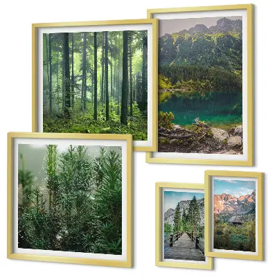 Set de 5 cuadros para salón con diseño de paisajes de montaña y bosques