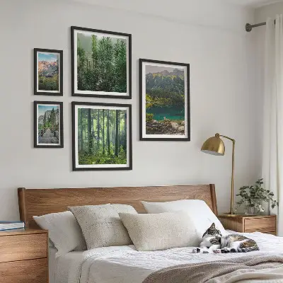 Set de 5 cuadros para salón con diseño de paisajes de montaña y bosques