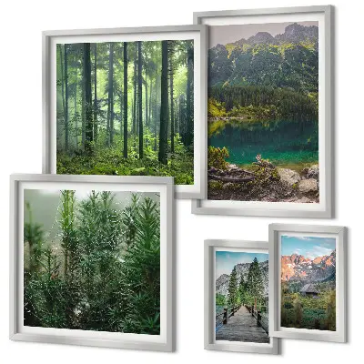 Set de 5 cuadros para salón con diseño de paisajes de montaña y bosques