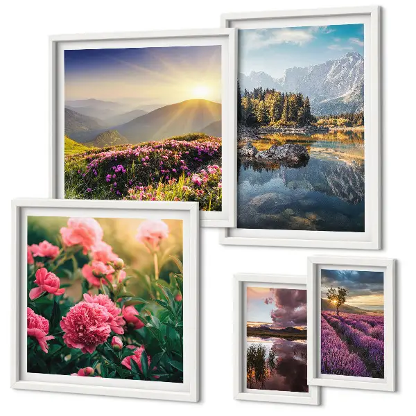 Conjunto de cuadros decorativos de paisajes con naturaleza, flores y montañas