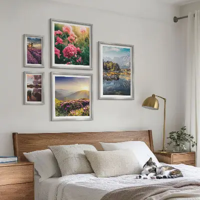 Conjunto de cuadros decorativos de paisajes con naturaleza, flores y montañas